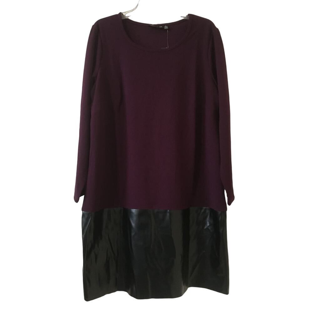 NWT Nina Leonard XL Burgundy and Black Pleather Long Sleeve Scoop Neck Dress